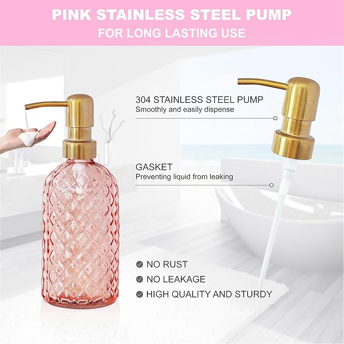 Pink Bathroom Accessories Set, 4Pcs Clear Glass Bathroom Sets Accessories, Lotion Soap Dispenser, Toothbrush Holder Set, Soap Dish, Qtip Holder for Vintage Christmas Bath Decor, Gift Set