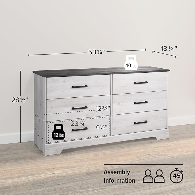Prepac Rustic Ridge Farmhouse 6-Drawer Double Dresser, Washed White Dresser for Bedroom, Chest of Drawers with 6 Storage Drawers, 53.25” wide x 18.25” deep x 28.5” tall, Washed White