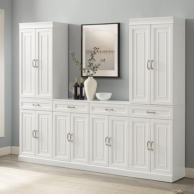 Crosley Furniture Stanton 3-Piece Traditional Sideboard Buffet Cabinet and Kitchen Storage Pantry Set, White