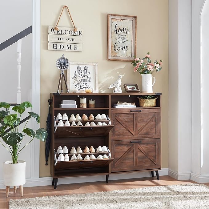 Shoe Storage Cabinet,Farmhouse Shoe Organizer with 4 Flip Drawers & Barn Door Design,Freestanding Hidden Slim Narrow Shoe Rack Cabinet with Open Shelves for Entryway,Foyer,Hallway,Walnut