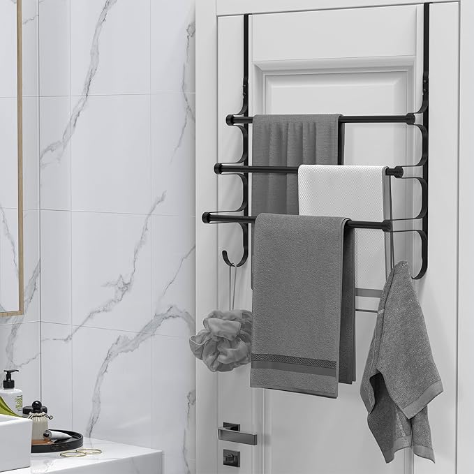 Over The Door Towel Rack, Over Door Towel Rack for Bathroom Door, Triple Towel Storage Holder with Hooks (Matte Black, 17.32" L)