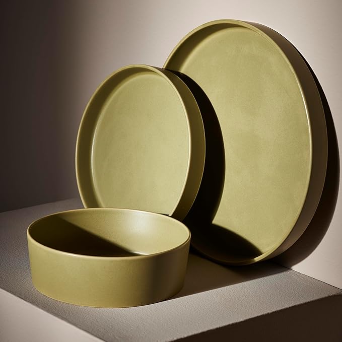 Stone by Mercer Project MODAN 12-Piece Stoneware Dinnerware Set, Plates and Bowls Sets, Dish Set for 4, Green