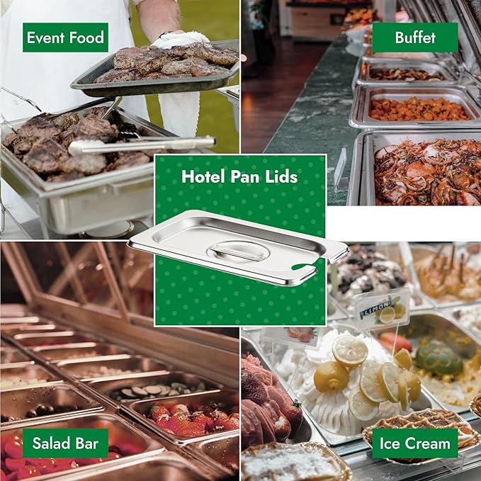 HECMAC 6-Pack 1/9 Size Slotted Hotel Pan Cover, Stainless Steel Solid Steam Table Catering Food Pan Lid with Handle