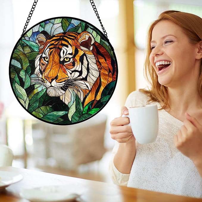 Stained Glass Window Hanging, Fierce Tiger Sun Catcher for Door Home Decor Wild Animals Suncatcher Christmas Mother's Day Birthday Gifts for Women Men Mom and Nana 11.8 in