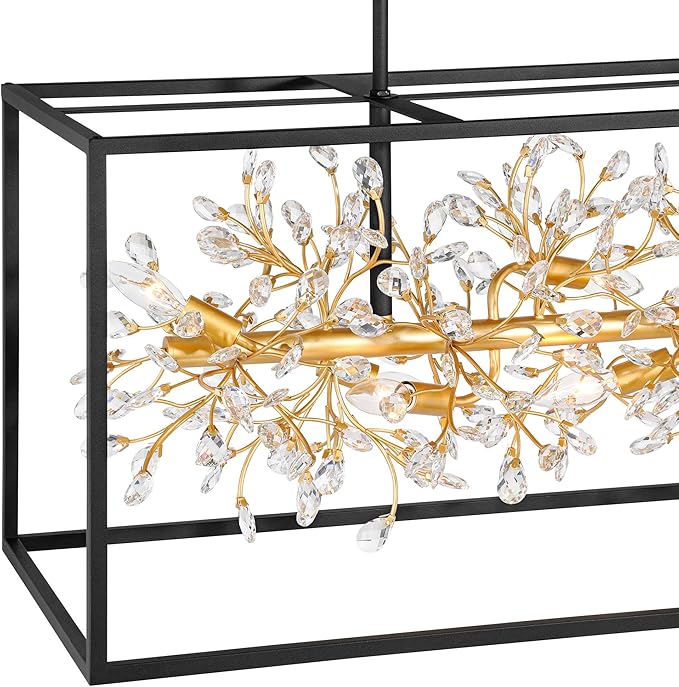 Possini Euro Design Carrine 38 1/2" Modern Semi Flush-Mount Ceiling Light Fixture Kitchen Foyer Hallway Linear Unique 8-Light Satin Black Gold Finish Crystal Metal Bedroom Bathroom Entryway