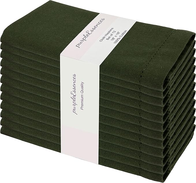 PurpleEssences Set of 12 Hemstitch Cloth Dinner Napkins 100% Cotton - Soft Durable Washable - Ideal for Wedding Christmas Holiday Winter - Perfect Everyday Use Table Linen 18x18 - Olive Green