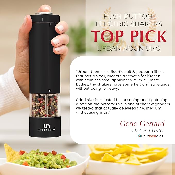 Electric Salt and Pepper Grinder Set - Battery Operated Stainless Steel Mill with Light (2 Black Mills) - Automatic One Handed Operation - Electronic Adjustable Shakers - Ceramic Grinders