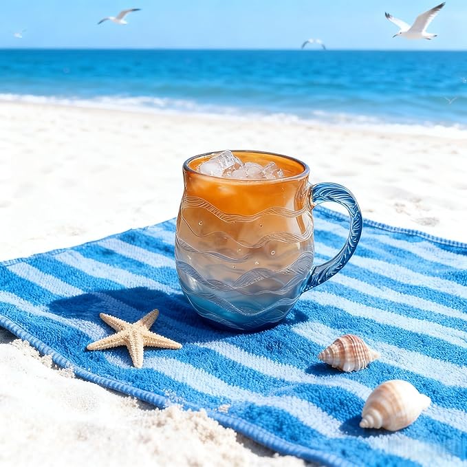 Golden Tide Mug,12 Oz/350ml Sea Glass Ocean Wave Mug,Handcrafted Oceans Frosted Wave Texture Sunset Cups with Handle,Gift for Ocean Lovers (1PCS)