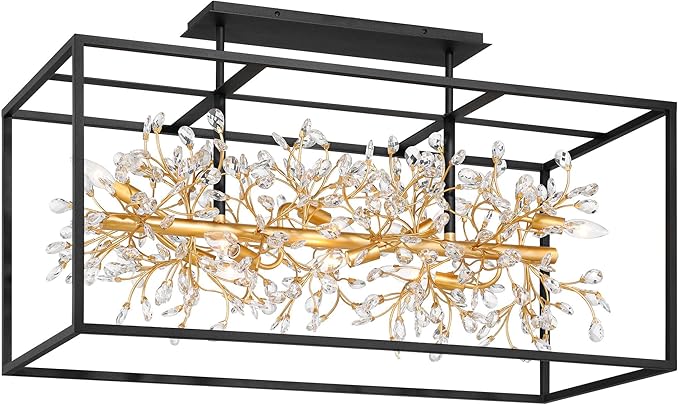 Possini Euro Design Carrine 38 1/2" Modern Semi Flush-Mount Ceiling Light Fixture Kitchen Foyer Hallway Linear Unique 8-Light Satin Black Gold Finish Crystal Metal Bedroom Bathroom Entryway
