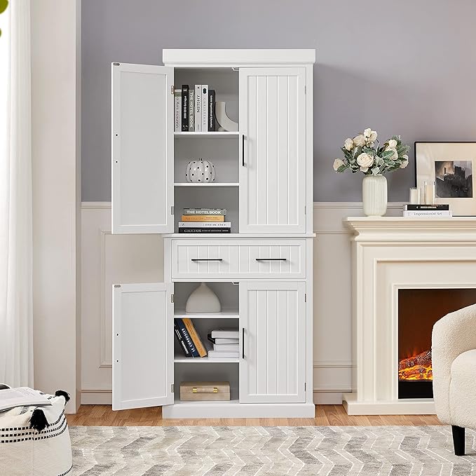 Yaheetech 72.5" Kitchen Pantry Storage Cabinet with Drawer, Freestanding Pantry Cupboard with Doors and 2 Adjustable Shelves, Modern Utility Pantry Cabinet for Dinning Room, Living Room, White