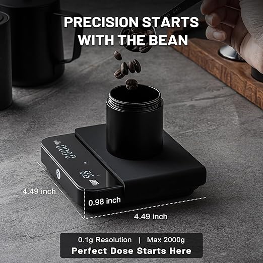 KitchenTour CaféMetric Coffee Scale with Timer 0.1g/2000g - Precision Scale for Espresso & Pour Over - Water Flow Speed Mode and Coffee Powder-to-Liquid Ratio Mode - Rechargeable, LED Display - Black
