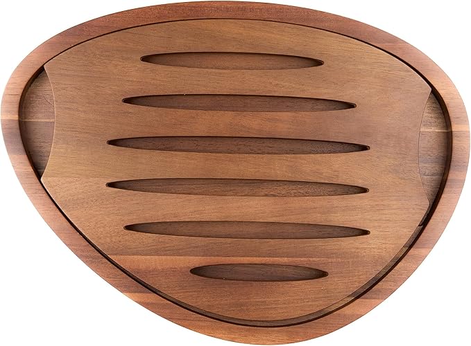 Nambe x Tom Papa Breaking Bread Cutting Board, 2-Piece Retro Style Acacia Wood Bread Board with Nesting Crumb Tray, Mid-Century Modern Serving Board for Slicing & Entertaining, 11.7” x 16”