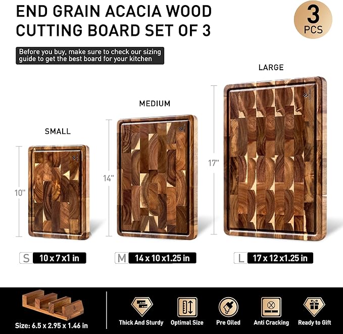 End Grain Cutting Board Set of 3 with Non-slip Feet, Reversible Acacia Wood Cutting Boards for Kitchen with Juice Grooves and Handles Non Toxic Chopping Board Butcher Block Serving Tray Kitchen Sets