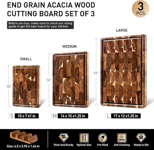 End Grain Cutting Board Set of 3 with Non-slip Feet, Reversible Acacia Wood Cutting Boards for Kitchen with Juice Grooves and Handles Non Toxic Chopping Board Butcher Block Serving Tray Kitchen Sets