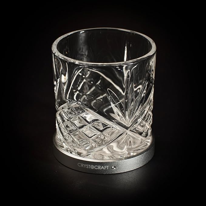 Crystocraft Whiskey Glass with Rotating Aluminum Coaster, Spinning Cocktail Glass, Old Fashioned Drinking Glassware for Bars, Restaurants, Party, Home, Gift for Father Birthday Christmas