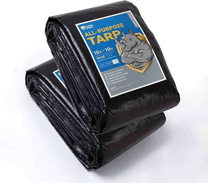 GUARD SHIELD Tarps Heavy Duty Waterproof 10x10 Feet Black Poly Tarp Cover Square Outdoor Thick UV Resistant Tarpaulin with Grommets 10mil (2-Pack)