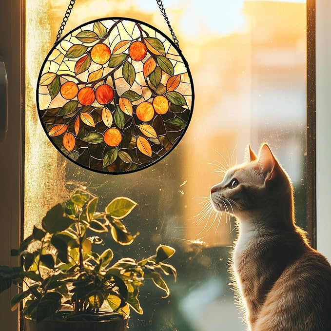 Stained Glass Suncatcher, Orange Green Fruit Tree Sun Catcher Landscape Stain Glass Window Hanging Decoration Mother's Day Birthday Gifts for Women Men Mom Nana 7.8 in