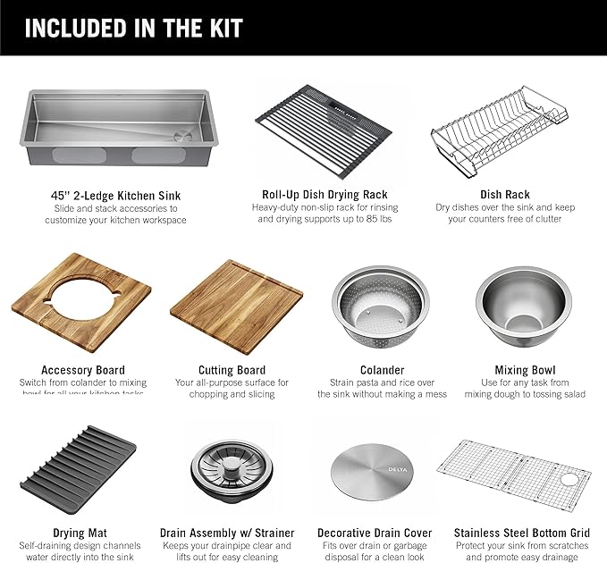 DELTA FAUCET Lorelai 45-inch Workstation Kitchen Sink Undermount 16 Gauge Stainless Steel Single Bowl with 2-Tier WorkFlow Ledge and Chef’s Kit of 11 Accessories, 95BA132-45S-SS