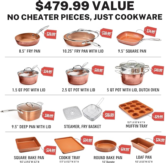 Gotham Steel Hammered 20 Pc Ceramic Cookware Set Nonstick, True Ceramic Pots and Pans Set Non Stick with Deep Square Pan Set & Bakeware Set, Non Toxic PFOA PFOS Free, Oven & Dishwasher Safe