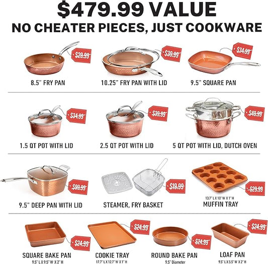 Gotham Steel Hammered 20 Pc Ceramic Cookware Set Nonstick, True Ceramic Pots and Pans Set Non Stick with Deep Square Pan Set & Bakeware Set, Non Toxic PFOA PFOS Free, Oven & Dishwasher Safe
