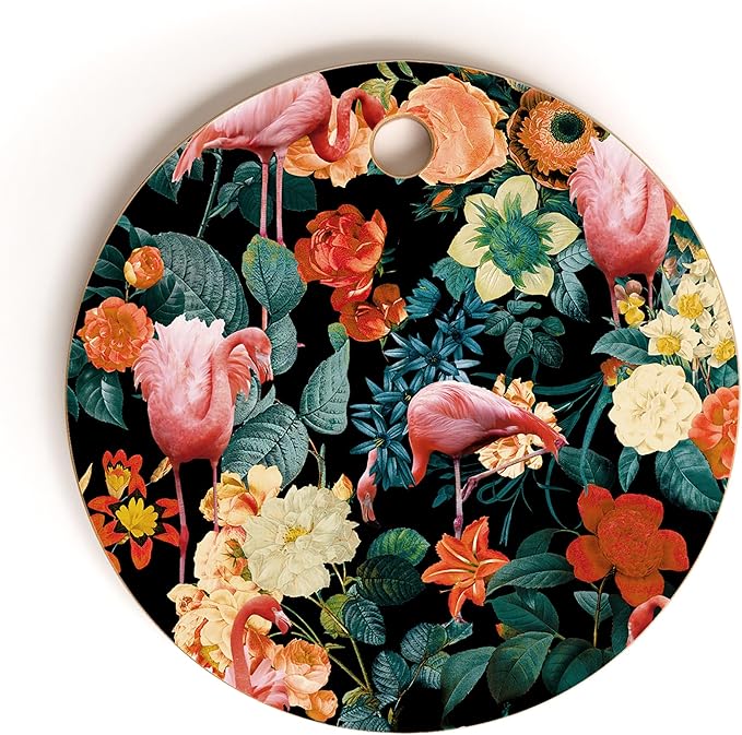 Society6 Bamboo Cutting Board- Kitchen Decor by Burcu Korkmazyurek - Unique Cutting Boards for Kitchen, 11.5" x 11.5" x 0.5", Floral And Flamingo II