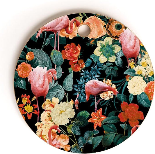 Society6 Bamboo Cutting Board- Kitchen Decor by Burcu Korkmazyurek - Unique Cutting Boards for Kitchen, 11.5" x 11.5" x 0.5", Floral And Flamingo II