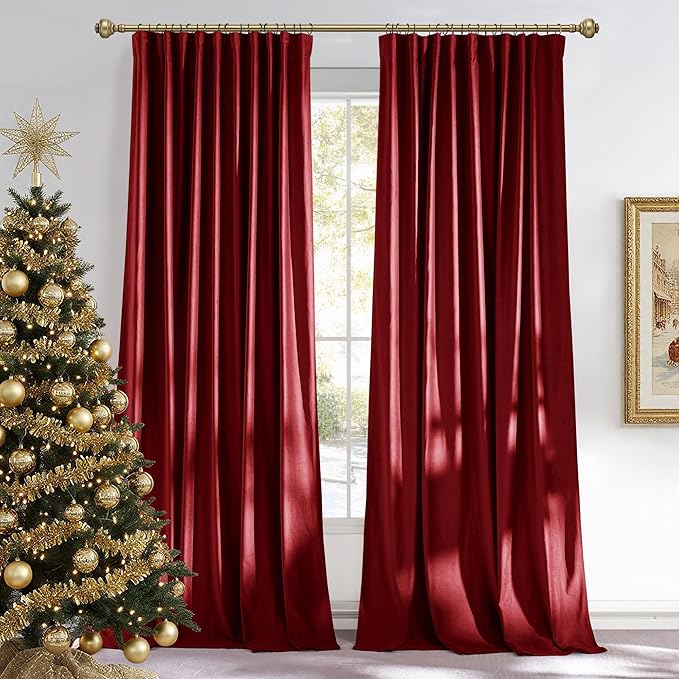 NICETOWN Red Burgundy Velvet Blackout Curtains 84 inch Long for Christmas, Back Tab with Pleat Tape Light Blocking Window Treatment for Romantic Decor Noise Reducing Elegant Drapes, 52" Wide, 2 Panel