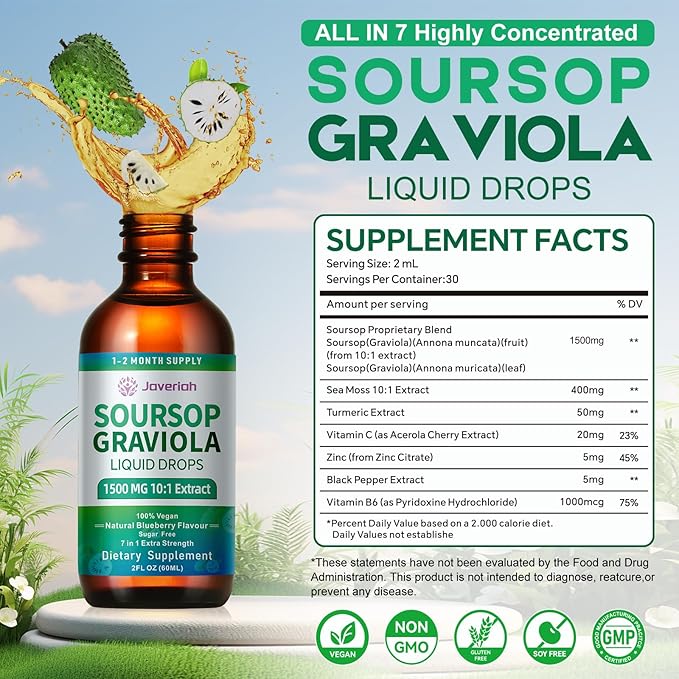 Soursop Graviola Liquid Drops Supplement with Sea Moss Extract, Soursop Bitters Liquid Graviola Leaves Extract 2 Month Supply 60ML