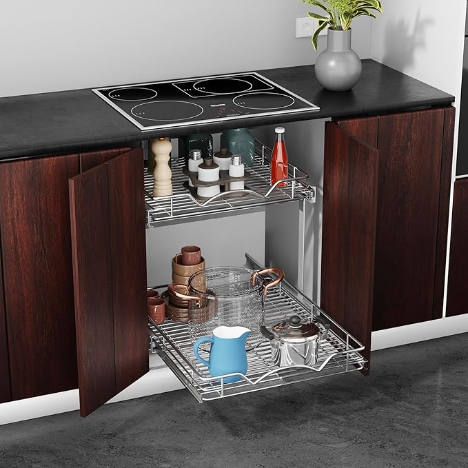 HOLDN’ STORAGE Two Tier Pull Out Cabinet Organizer, Individual Sliding Drawers - Heavy Duty Metal with Lifetime Limited Warranty - Anti Rust Chrome Finish - 8" W x 21”D x 16.5" H