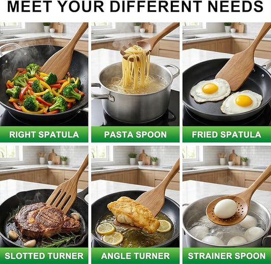 9 Pack Best Wooden Spoons Non Toxic Cooking Utensil Set with Utensils Holder Kitchen Slotted Turner Spatula Set Acacia Wood Utensils for Cooking Spoon Scraper Spurtle Bamboo Flat Egg Flipper Spatulas