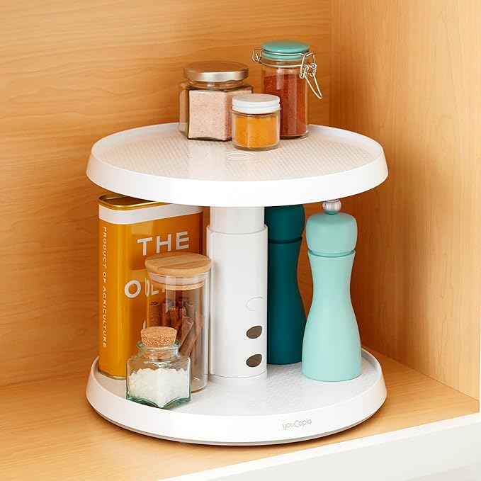YouCopia Crazy Susan Two-Tier Turntable, Height-Adjustable Lazy Susan Organizer for Kitchen Cabinet and Pantry Organization and Storage, White