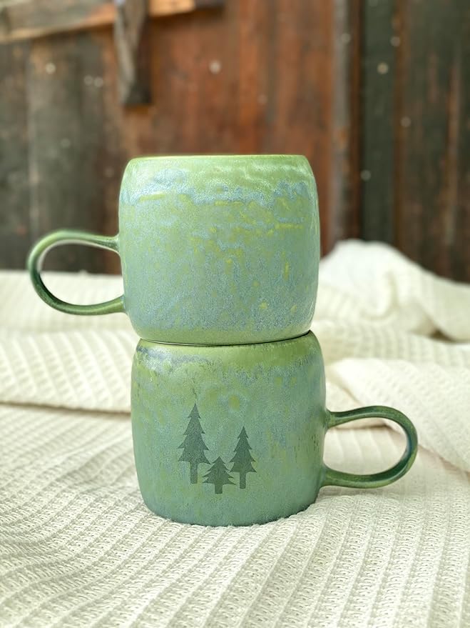 Medium Ceramic Coffee Mug Set of 2, 12 Oz, Stoneware Tea Cup for Office and Home, Dishwasher and Microwave Safe (Forest Green with Three Laser-engraved trees, 2) (Art Deco)