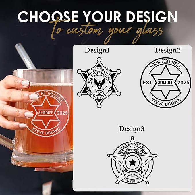 Personalized Beer Pint with Sheriff Badge for Law Enforcement, Custom Name and Number, Engraved Beer Glass with handle, Custom Gift For Men Dad Father's Day Police Officer