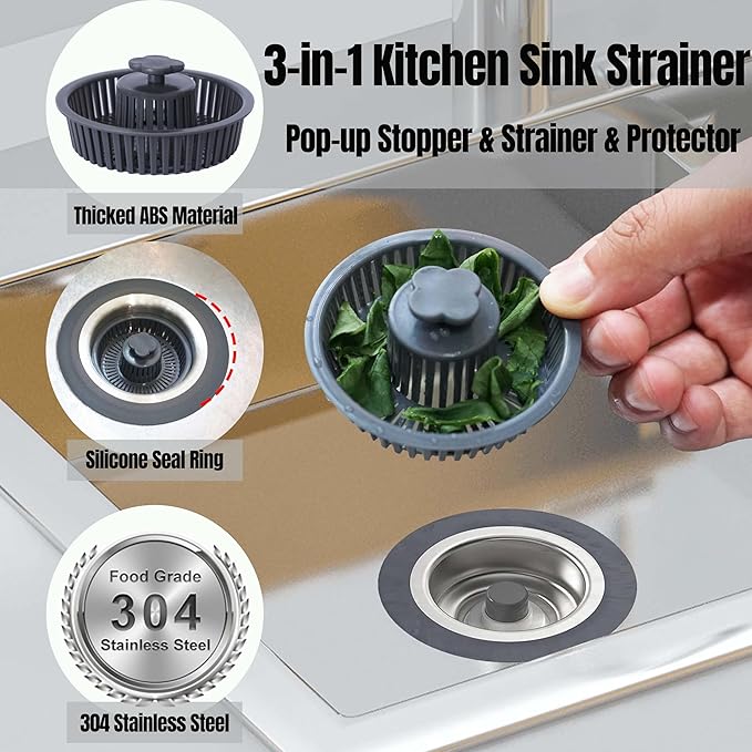 Kitchen Sink Drain Strainer Stopper 304 Stainless Steel 3 in 1 Sink Protectors Pop Up Anti-Clogging Kitchen Sink Stopper Basket Filter for US Standard 3-1/2 Inch Drain Cover(2 Packs)