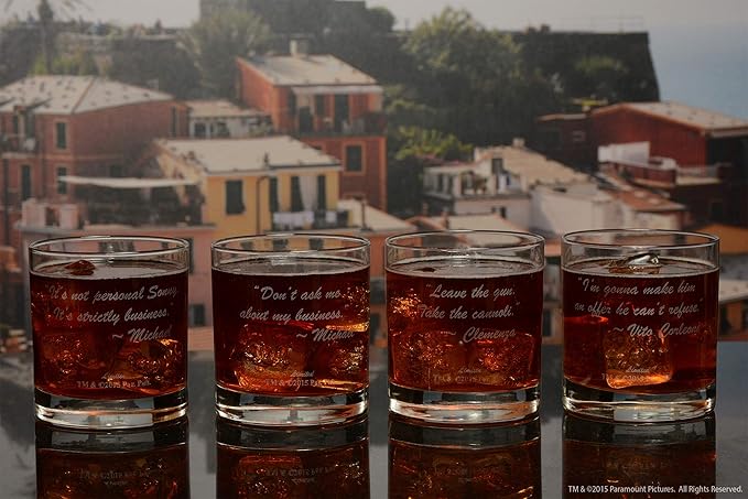 Official Godfather Etched Whiskey Glass Set - with Logo & 4 Unique Quotes - Premium Quality, Handcrafted Glassware, 11 oz. A Perfect Collectible Rocks Glass Set