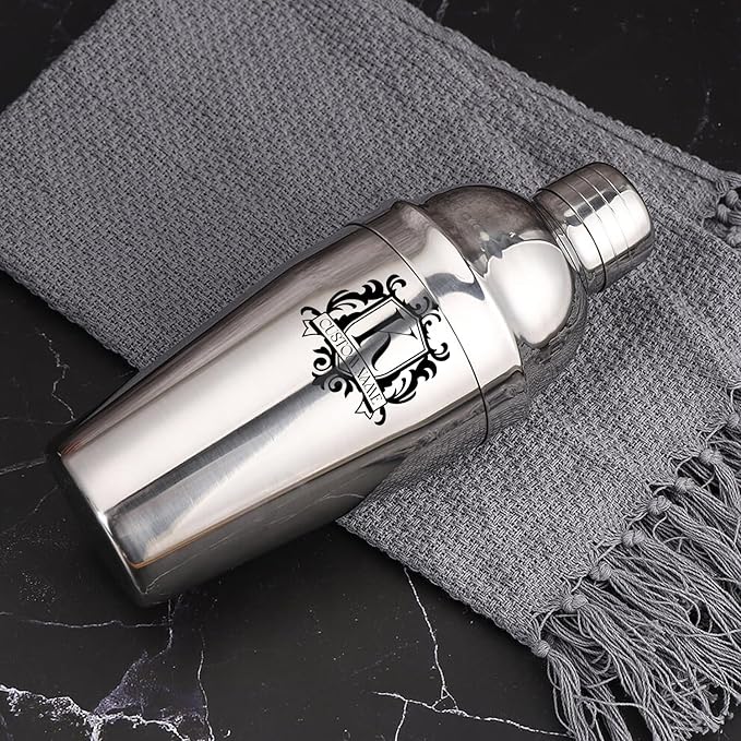 Personalized Cocktail Shaker 24oz - Custom Stainless Steel Bar Kit with Engraved Name, Built-in Strainer & Measuring Jigger & Spoon, Gift for Bartenders & Cocktail Lovers (Shield Design)