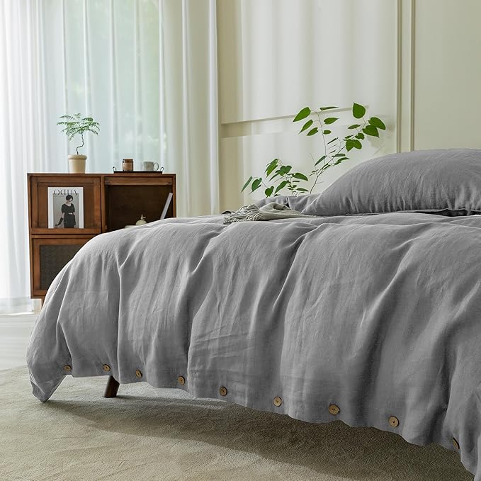 EVERLY 100% Pure Linen Duvet Cover Set Twin Size 68X90Inch 2pcs (1 Duvet Cover,1Pillowcases) Soft and Breathable for All Season with Coconut Button Closure, Suitable for Hot Sleepers-Grey