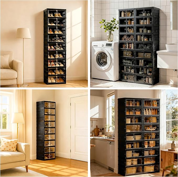 Foldable Shoe Organizer Storage Box, Portable Extra Large Folding Shoe Rack for Closet, Shoe Storage Box with Magnetic Transparent Door and Wheels, 9 Layers 18 Grids