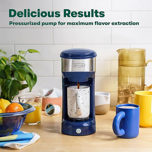 BELLA Dual Brew Single Serve Coffee Maker, Brews both Kcup and Ground Coffee, Large 14oz Capacity, Easy One Touch, Auto Shutoff, Navy