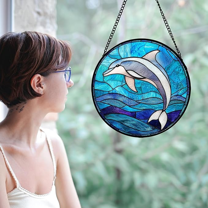 Stained Glass Suncatcher, Blue Ocean Dolphin Sun Catcher Marine Life Stain Glass Indoor Window Hanging Decoration Mother's Day Birthday Gifts for Women Men Mom and Nana 11.8 in