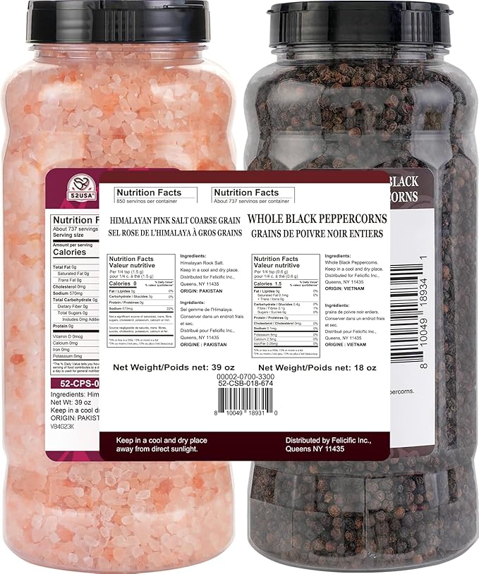 52USA Whole Black Peppercorns 18 oz + Himalayan Pink Salt (Coarse Grain) 39 oz, Salt and Pepper Grinder, Black Peppercorn Refil, Kosher Salt for Grinder Refill, Pink Himalayan Sea Salt, 2 Piece Set