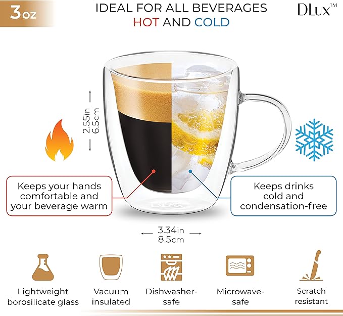 DLux Espresso Coffee Cups 3oz, Double Wall, Clear Glass Set of 2 Glasses with Handles, Insulated Borosilicate Glassware Tea Cup