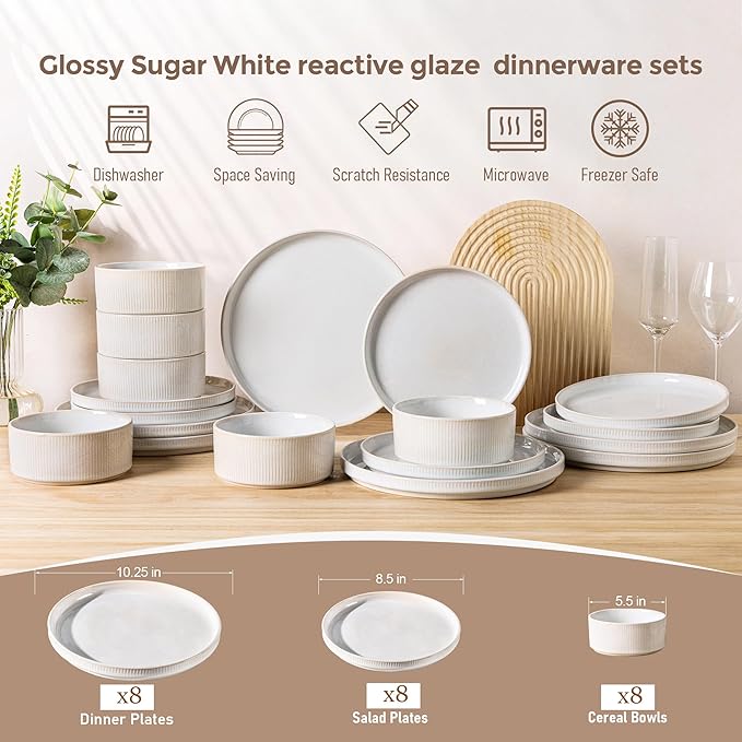 GBHOME Stoneware Dinnerware Sets for 8,Round Reactive Glaze Ceramic Plates and Bowls Set,Highly Scratch Resistant| Dishwasher & Microwave Safe Dishes Set,Service for 8(24Pcs),Sugar White