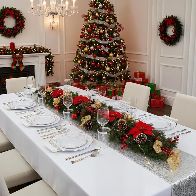 Supernal 400pcs Silver Plastic Dinnerware Set Heavy Duty Disposable Plates Include Silver Plastic Dessert Plates,50 Spoons & Knives & Cups & Napkins & 100 Forks,Prfect For Party and Wedding
