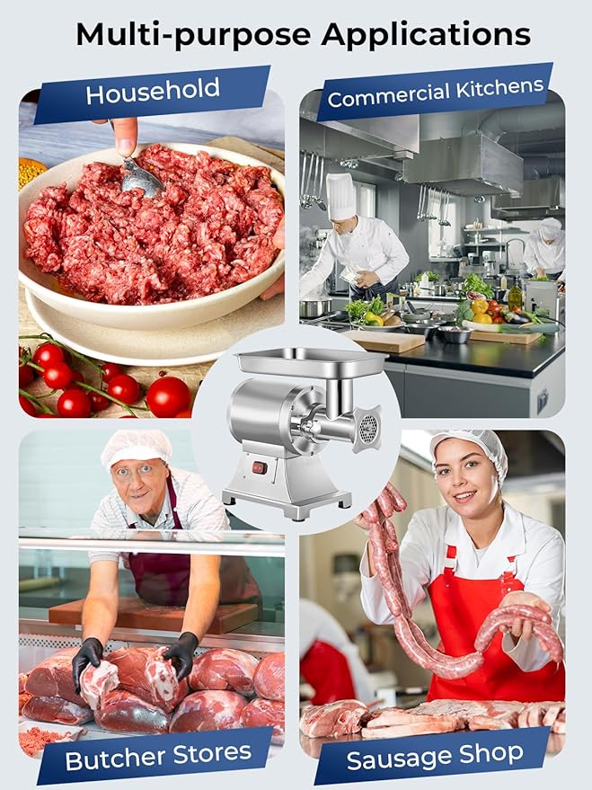 Commercial Meat Grinder, 1100W Electric Meat Grinder Heavy Duty, 330LBS/H Meat Mincer with 2 Blades, 2 Cutting Plates, Sausage Tube, Stainless Steel Hopper Plate for Kitchen Restaurant Butcher Store