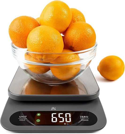 Greater Goods High Capacity Kitchen Scale, 10kg/22lb Capacity Food Scale for Bulk Cooking & Baking, Touch Controls, Hi-Def LCD, Stainless Steel Platform, Precise to 1g