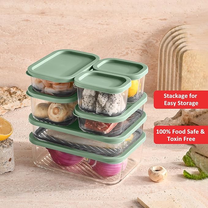 EATEX 14 Pack Glass Meal Prep Containers with Grooved Base, 14 Stackable BPA Free Glass Storage Containers with Lids for Lunch, Pantry, and Kitchen - Microwave, Dishwasher Freezer & Oven Safe - Sage