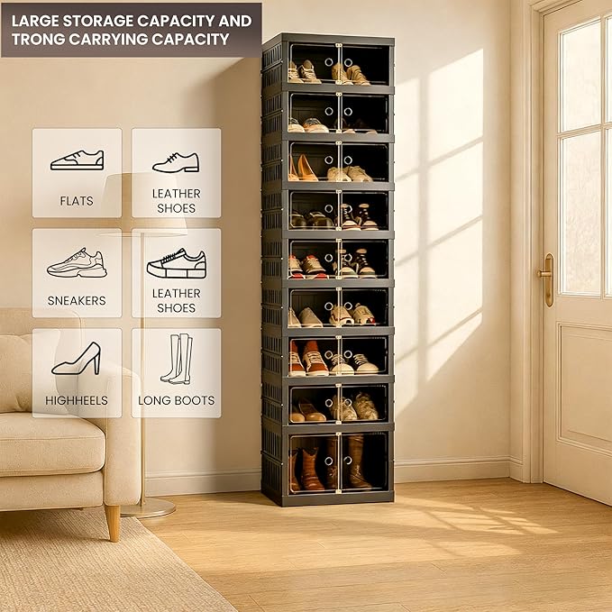 Foldable Shoe Organizer Storage Box Set of 2, Portable Extra Large Folding Shoe Rack for Closet, Shoe Storage Box with Magnetic Transparent Door and Wheels, 9 Layers 18 Grids with 2 Big Grids