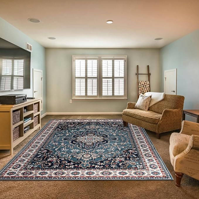 Easy-Going Large Area Rug 8x10 Medallion Distressed Washable Rugs for Living Room Non-Slip Bedroom Rug Low Pile Lightweight Vintage Retro Throw Rug for Dining Room Kitchen Office Carpet, Teal Brick