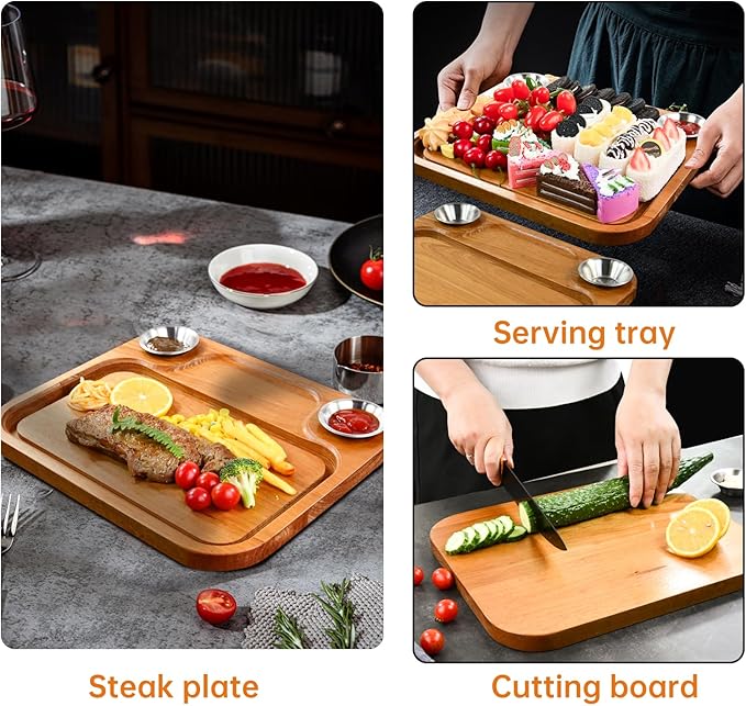 Wooden Steak Plates include 2 Sauce Cups, Wood Steak Board Set Serving Tray for Food Meat Cutting Board with Juice Groove, Charcuterie Board Platter for Home